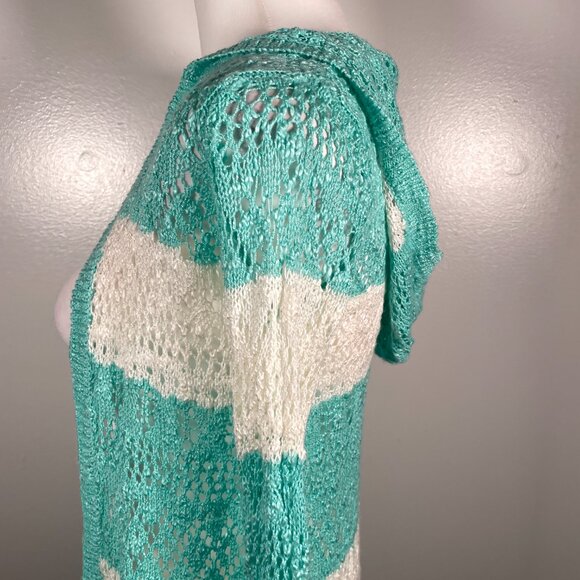 Heart N Crush Mint Green Ivory Hooded Open Weave 3/4 Sleeve Cardigan Sweater S - Picture 7 of 14